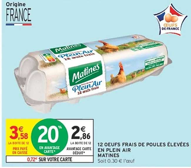 12 OEUFS FRAIS DE POULES ÉLEVÉES EN PLEIN AIR MATINES