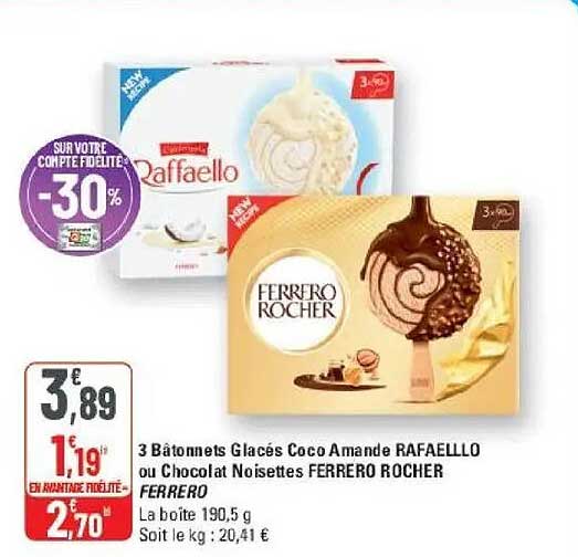 3 Bâtonnets Glacés Coco Amande RAFAELLO ou Chocolat Noisettes FERRERO ROCHER FERRERO