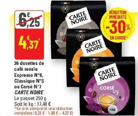 36 dosettes de café moulu Espresso N°8, Classique N°5 ou Corse N°7 CARTE NOIRE