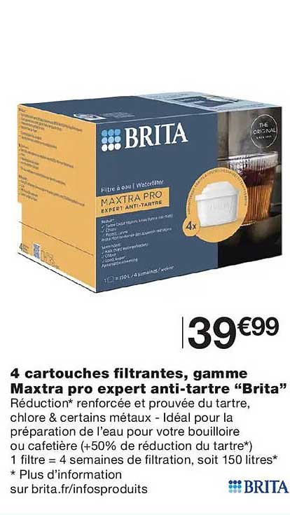 4 cartouches filtrantes, gamme Maxtra pro expert anti-tartre “Brita”