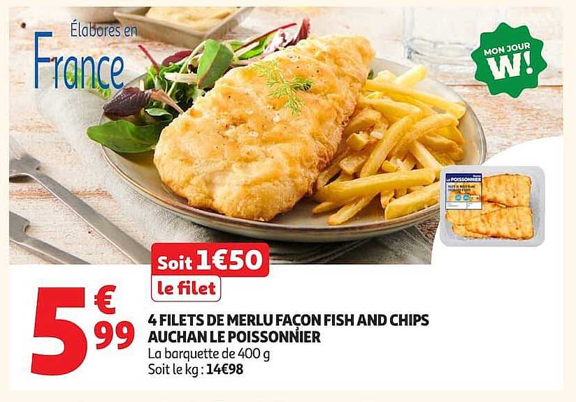 4 FILETS DE MERLU FACON FISH AND CHIPS AUCHAN LE POISSONNIER