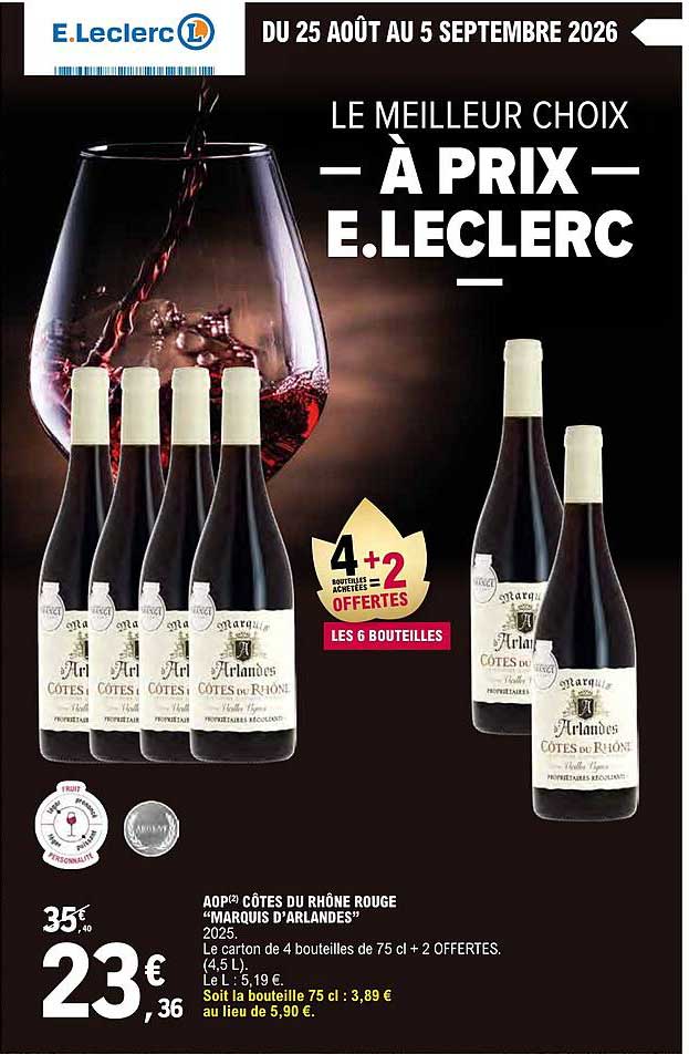 AOP(2) CÔTES DU RHÔNE ROUGE “MARQUIS D’ARLANDES” 2025. Le carton de 4 bouteilles de 75 cl + 2 OFFERTES. (4,5 L.)