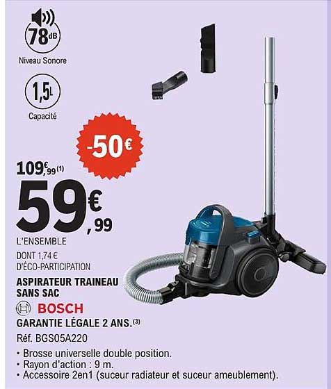 ASPIRATEUR TRAINEAU SANS SAC BOSCH