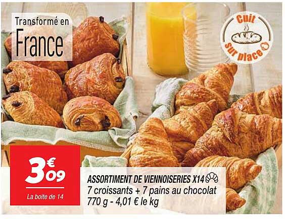 ASSORTIMENT DE VIENNOISERIES X14 7 croissants + 7 pains au chocolat 770 g - 4,01 € le kg