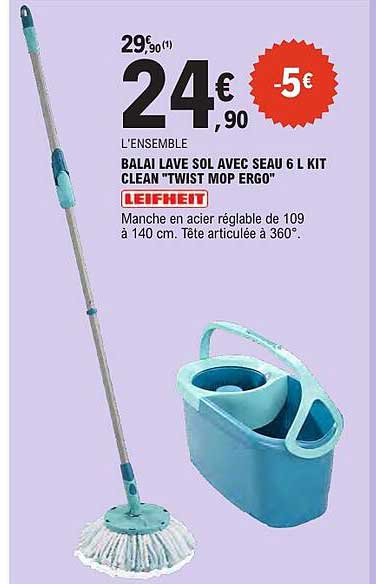 BALAI LAVE SOL AVEC SEAU 6 L KIT CLEAN TWIST MOP ERGO*