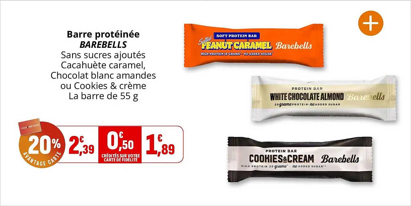 Barre protéinée BAREBELLS Sans sucres ajoutés Cacahuète caramel, Chocolat blanc amandes ou Cookies & crème La barre de 55 g
