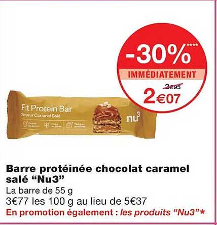 Barre protéinée chocolat caramel salé “Nu3”