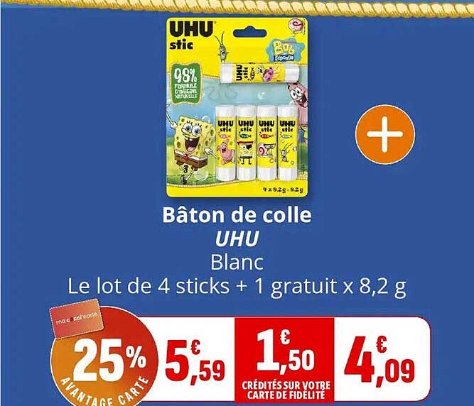 Bâton de colle UHU Blanc Le lot de 4 sticks + 1 gratuit x 8,2 g