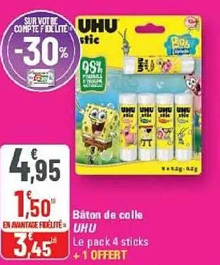Bâton de colle UHU Le pack 4 sticks + 1 OFFERT