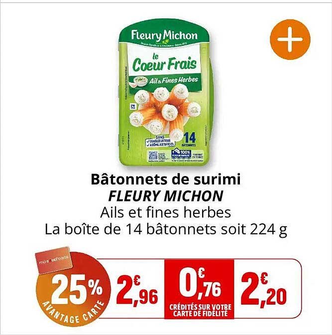 Bâtonnets de surimi FLEURY MICHON Ails et fines herbes La boîte de 14 bâtonnets soit 224 g