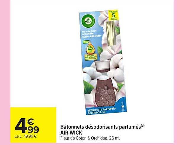 Bâtonnets désodorisants parfumés AIR WICK Fleur de Coton & Orchidée, 25 ml.