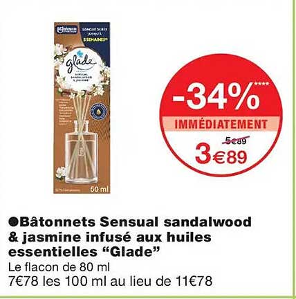 Bâtonnets Sensual sandalwood & jasmine infusé aux huiles essentielles “Glade”