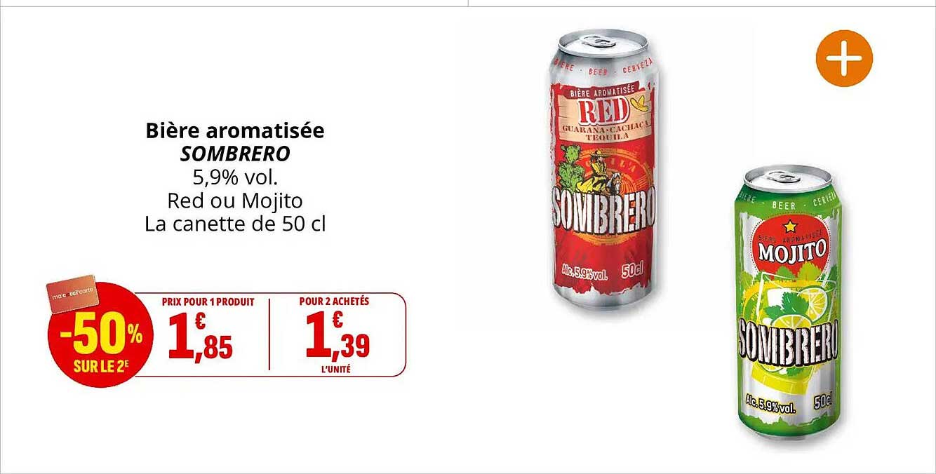 Bière aromatisée SOMBRERO 5,9% vol. Red ou Mojito La canette de 50 cl