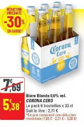 Bière Blonde 0,0% vol. CORONA CERO Le pack de 6 bouteilles x 33 cl. Soit le litre : 2,71 €