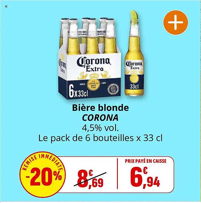 Biere blonde CORONA 4,5% vol. Le pack de 6 bouteilles x 33 cl