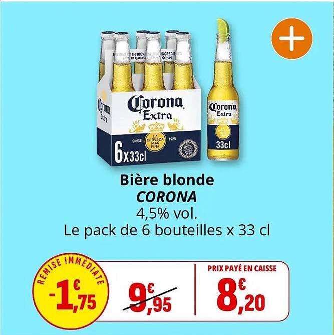 Bière blonde CORONA 4,5% vol. Le pack de 6 bouteilles x 33 cl