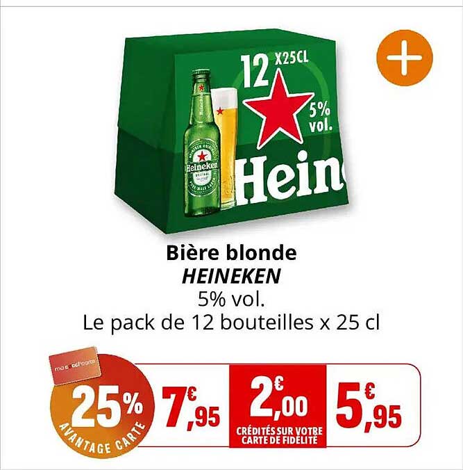 Bière blonde HEINEKEN 5% vol. Le pack de 12 bouteilles x 25 cl