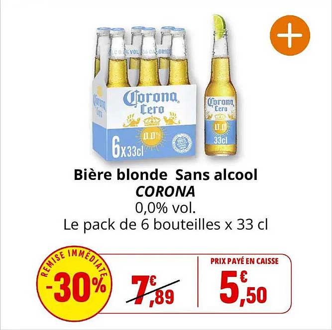 Bière blonde Sans alcool CORONA 0,0% vol. Le pack de 6 bouteilles x 33 cl