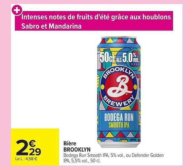 Bière BROOKLYN Bodega Run Smooth IPA, 5% vol., ou Defender Golden IPA, 5% vol., 50 cl.