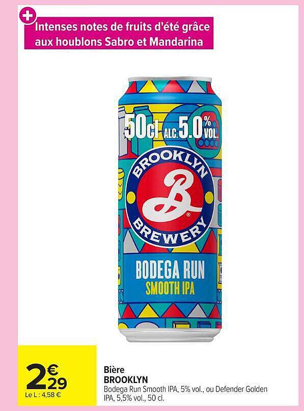 Bière BROOKLYN Bodega Run Smooth IPA, 5% vol., ou Defender Golden IPA, 5,5% vol., 50 cl.