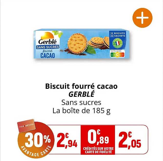Biscuit fourré cacao GERBLÉ Sans sucres La boîte de 185 g