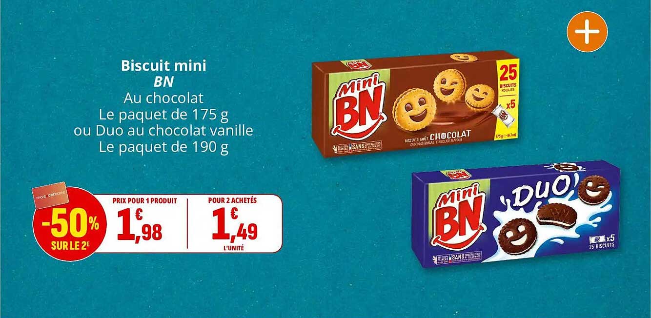 Biscuit mini BN Au chocolat Le paquet de 175 g ou Duo au chocolat vanille Le paquet de 190 g