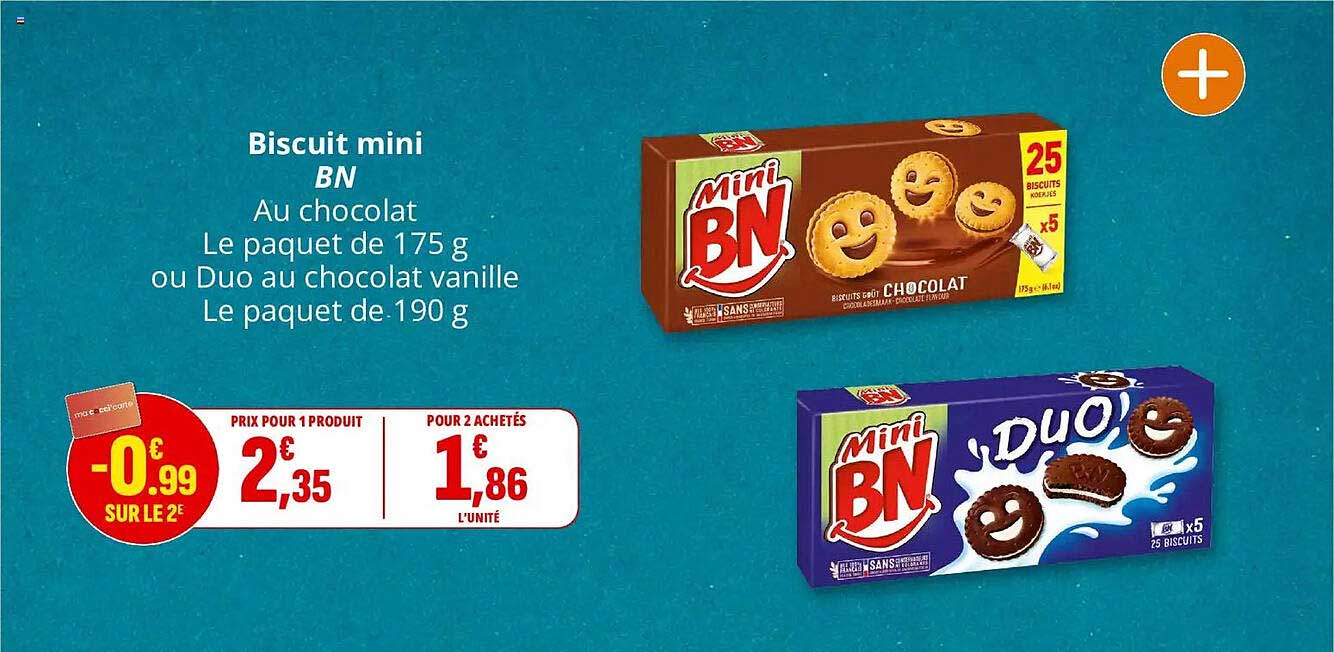 Biscuit mini BN Au chocolat Le paquet de 175 g ou Duo au chocolat vanille Le paquet de 190 g