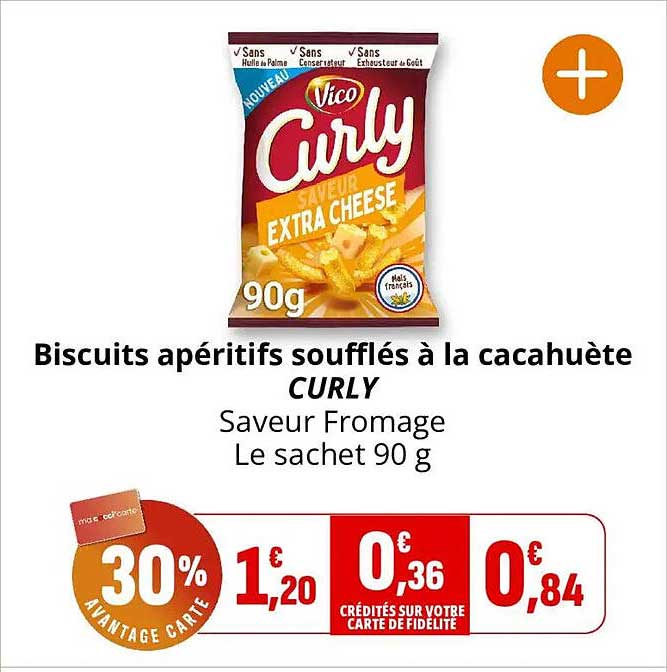Biscuits apéritifs soufflés à la cacahuète CURLY Saveur Fromage Le sachet 90 g
