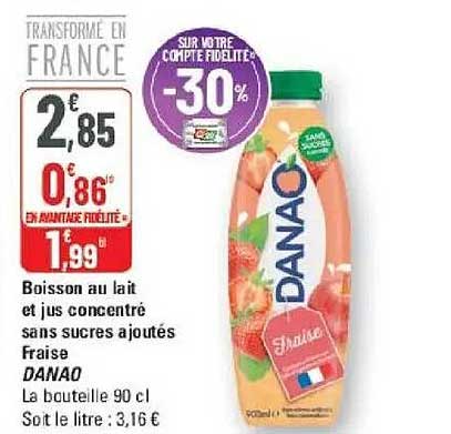 Boisson au lait et jus concentré sans sucres ajoutés Fraise DANAO