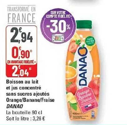 Boisson au lait et jus concentré sans sucres ajoutés Orange/Banane/Fraise DANAO