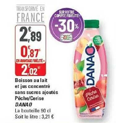 Boisson au lait et jus concentré sans sucres ajoutés Pêche/Cerise DANAO