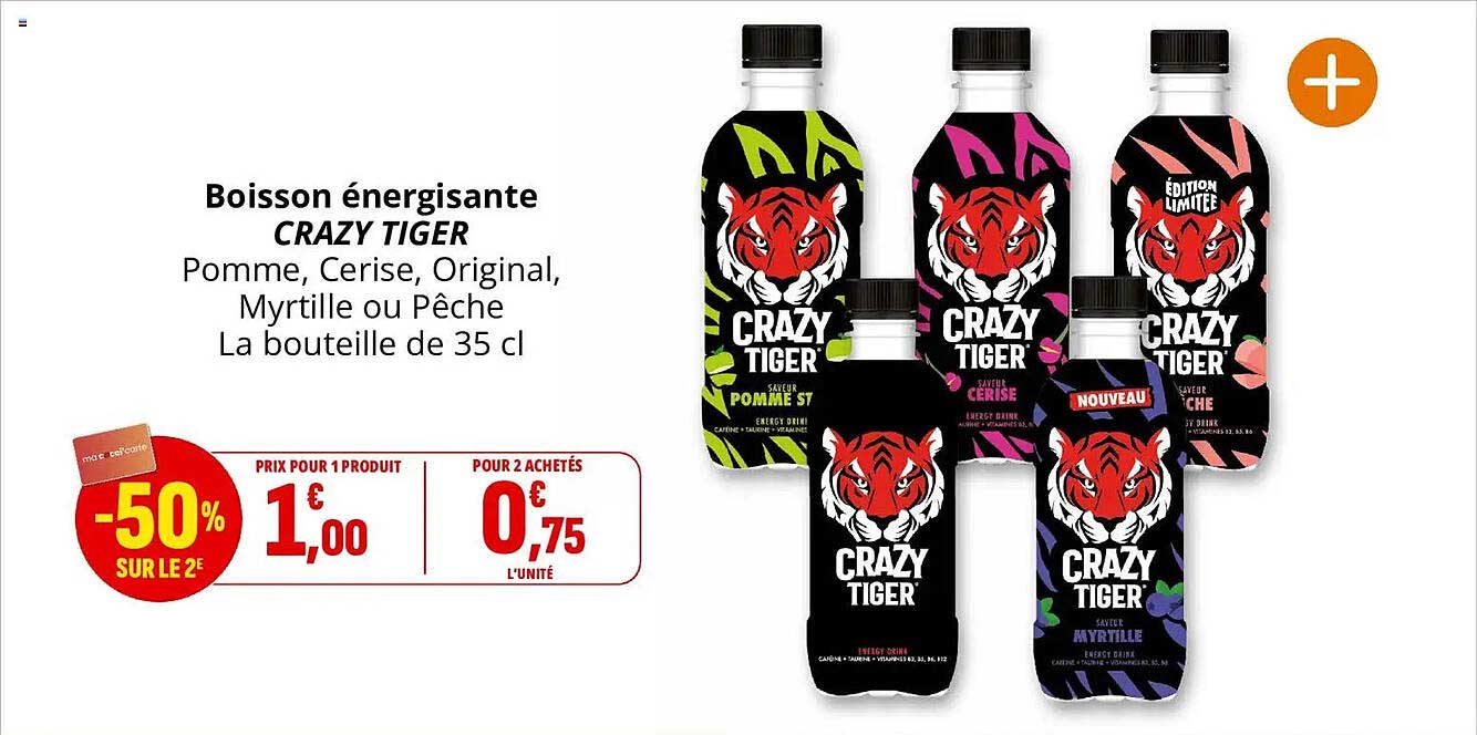 Boisson énergisante CRAZY TIGER Pomme, Cerise, Original, Myrtille ou Pêche La bouteille de 35 cl
