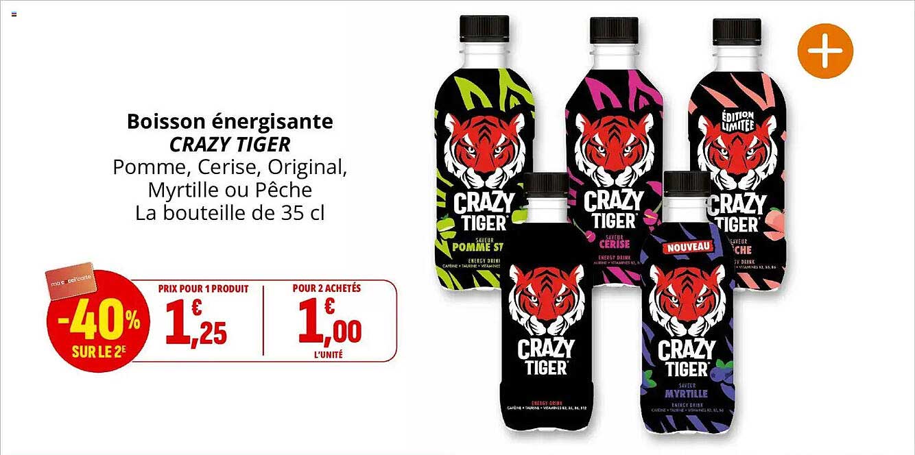 Boisson énergisante CRAZY TIGER Pomme, Cerise, Original, Myrtille ou Pêche La bouteille de 35 cl
