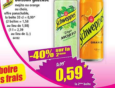Boisson gazeuse mojito ou orange au choix, la boîte 33 cl = 0,99* (2 boîtes = 1,58, au lieu de 1,98) (1 l = 2,39 au lieu de 3,-) 64182