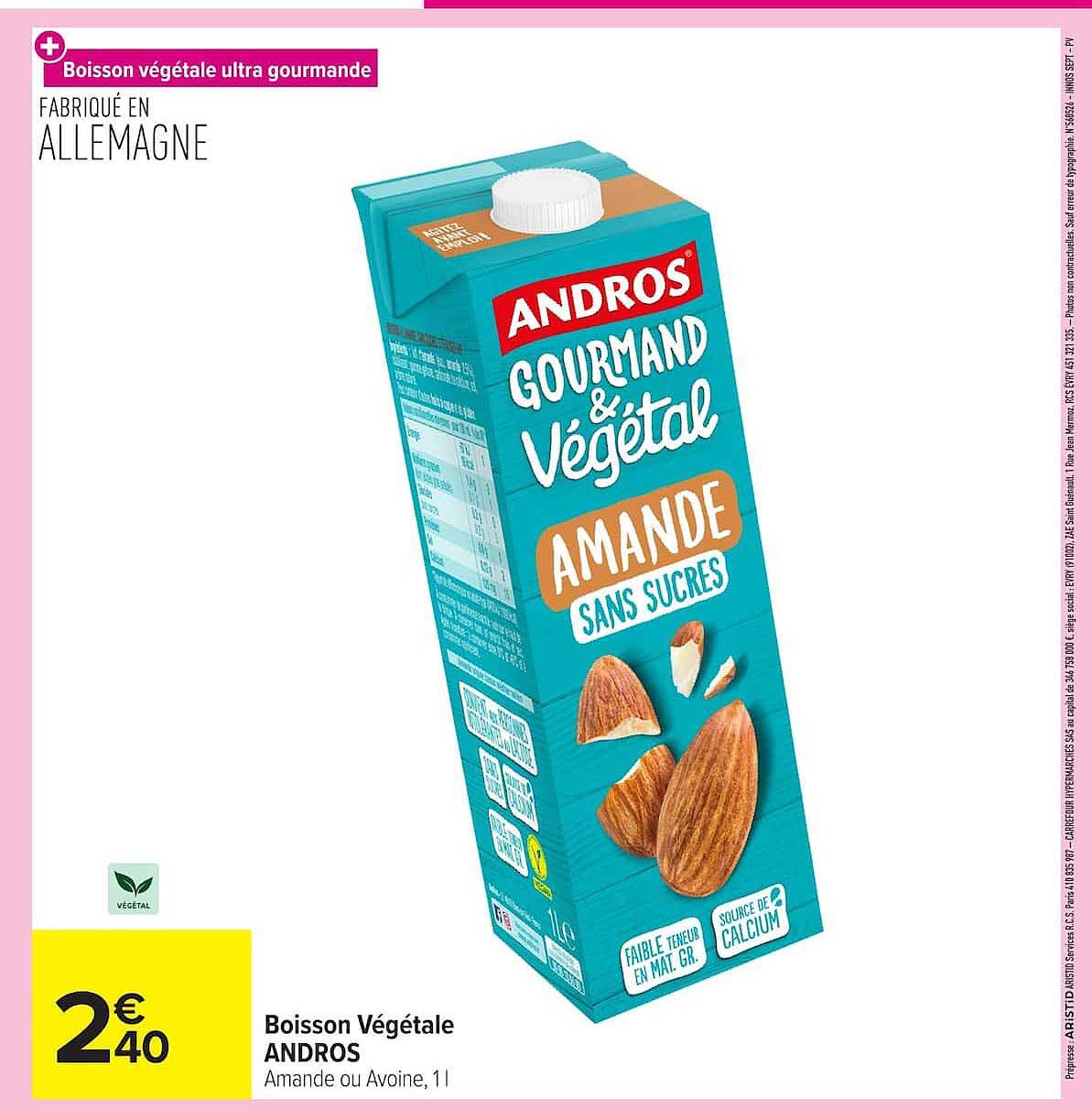 Boisson Végétale ANDROS Amande ou Avoine, 1 l
