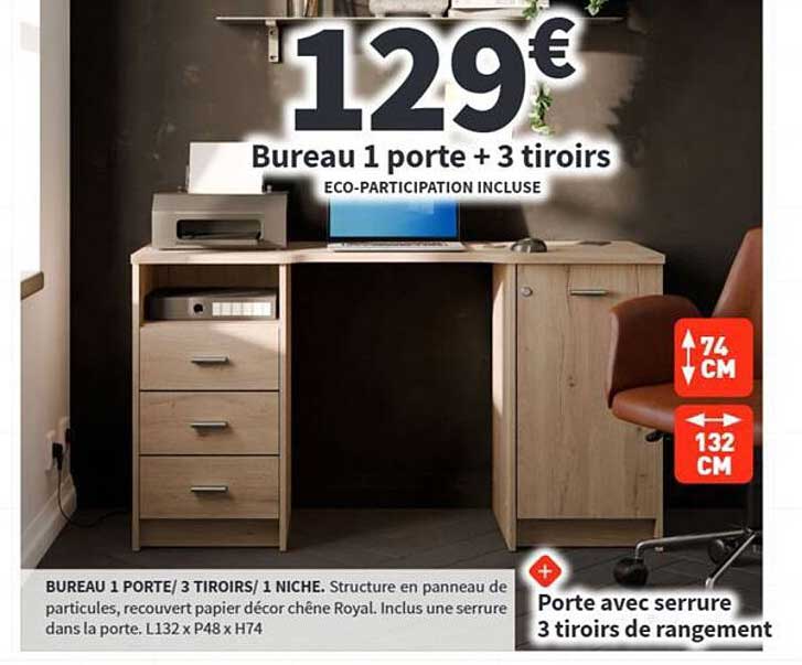 Bureau 1 porte + 3 tiroirs