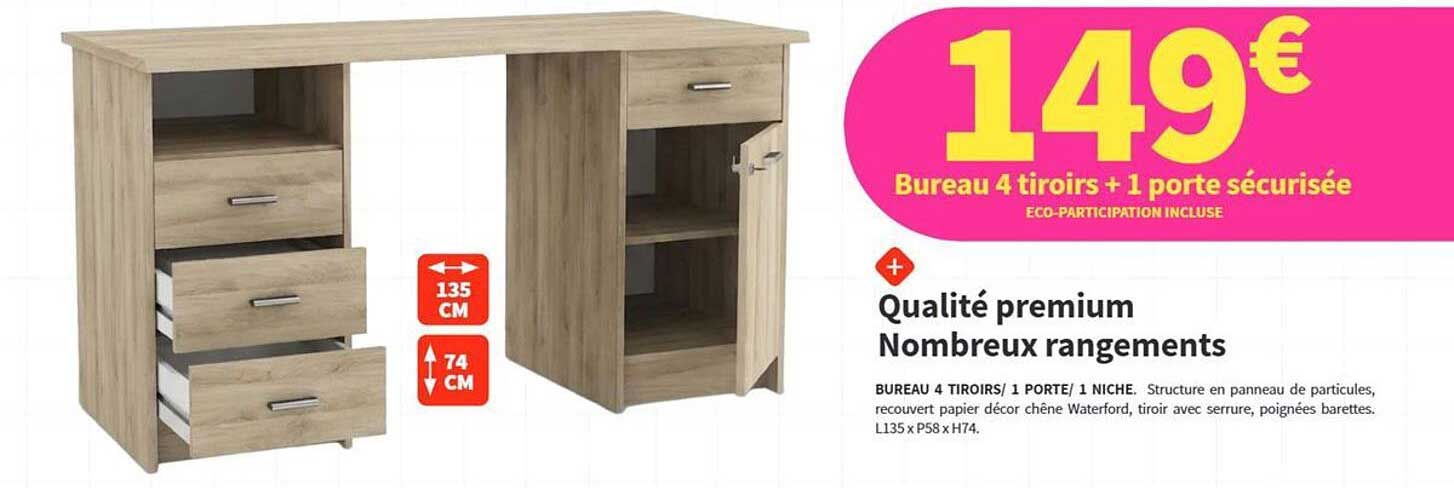 Bureau 4 tiroirs + 1 porte sécurisée