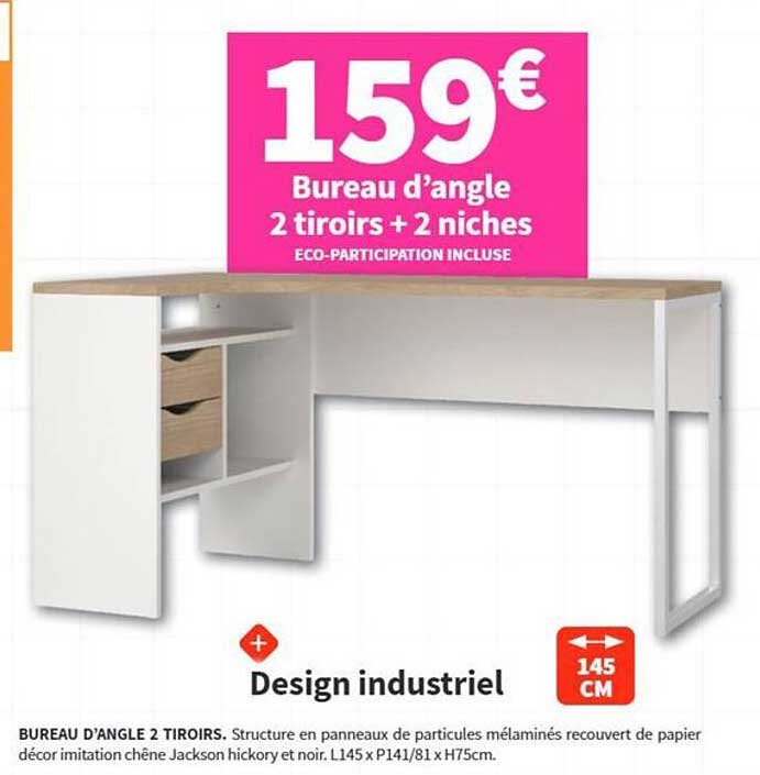 Bureau d’angle 2 tiroirs + 2 niches