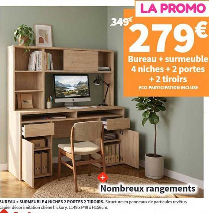 BUREAU + SURMEUBLE 4 NICHES 2 PORTES 2 TIROIRS
