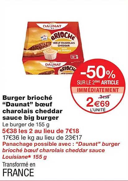 Burger brioché “Daunat” bœuf charolais cheddar sauce big burger