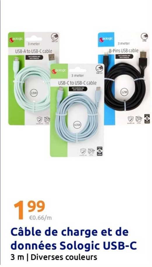 Câble de charge et de données Sologic USB-C 3 m | Diverses couleurs
