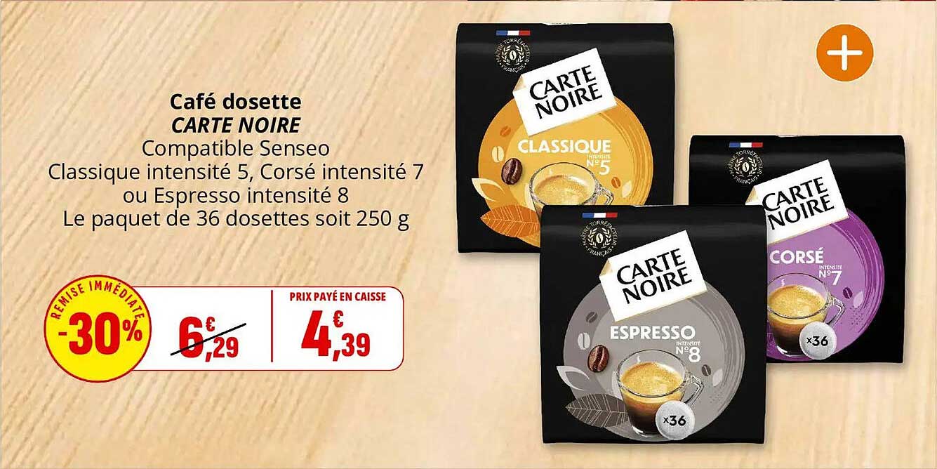 Café dosette CARTE NOIRE Compatible Senseo Classique intensité 5, Corsé intensité 7 ou Espresso intensité 8 Le paquet de 36 dosettes soit 250 g