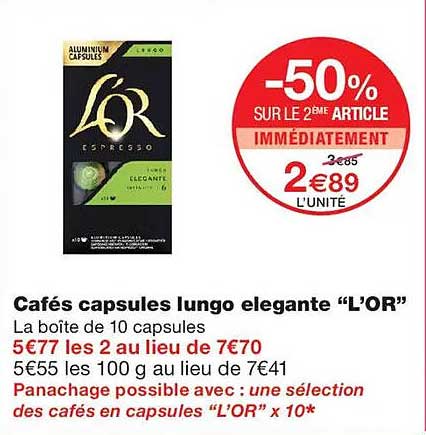 Cafés capsules lungo elegante “L’OR”