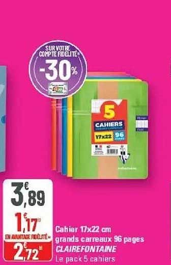 Cahier 17x22 cm grands carreaux 96 pages CLAIREFONTAINE Le pack 5 cahiers
