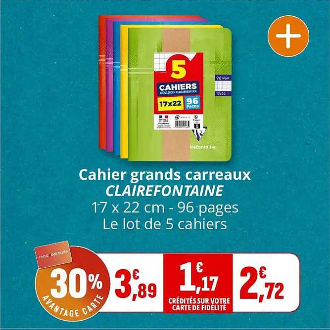 Cahier grands carreaux CLAIREFONTAINE 17 x 22 cm - 96 pages Le lot de 5 cahiers