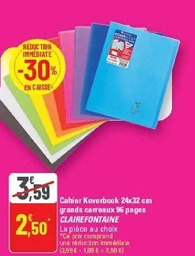 Cahier Koverbook 24x32 cm grands carreaux 96 pages CLAIREFONTAINE à la pièce au choix