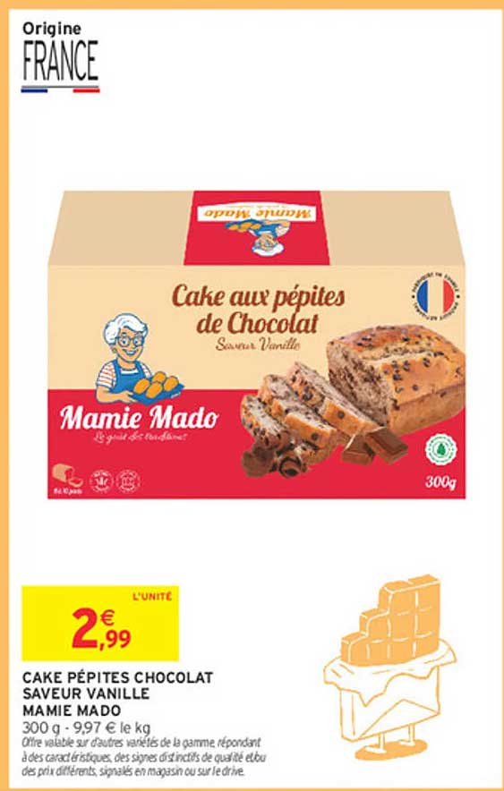 CAKE PÉPITES CHOCOLAT SAVEUR VANILLE MAMIE MADO