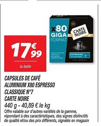CAPSULES DE CAFÉ ALUMINIUM X80 ESPRESSO CLASSIQUE N°7 CARTE NOIRE