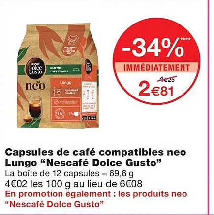 Capsules de café compatibles neo Lungo “Nescafé Dolce Gusto”