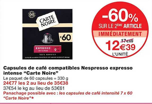 Capsules de café compatibles Nespresso expresso intense “Carte Noire”